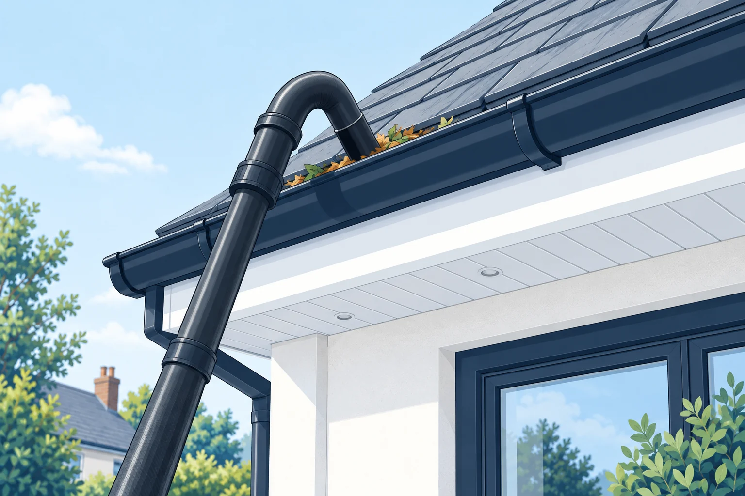 Architectural illustration of gutter clearing with a curved vacuum nozzle
