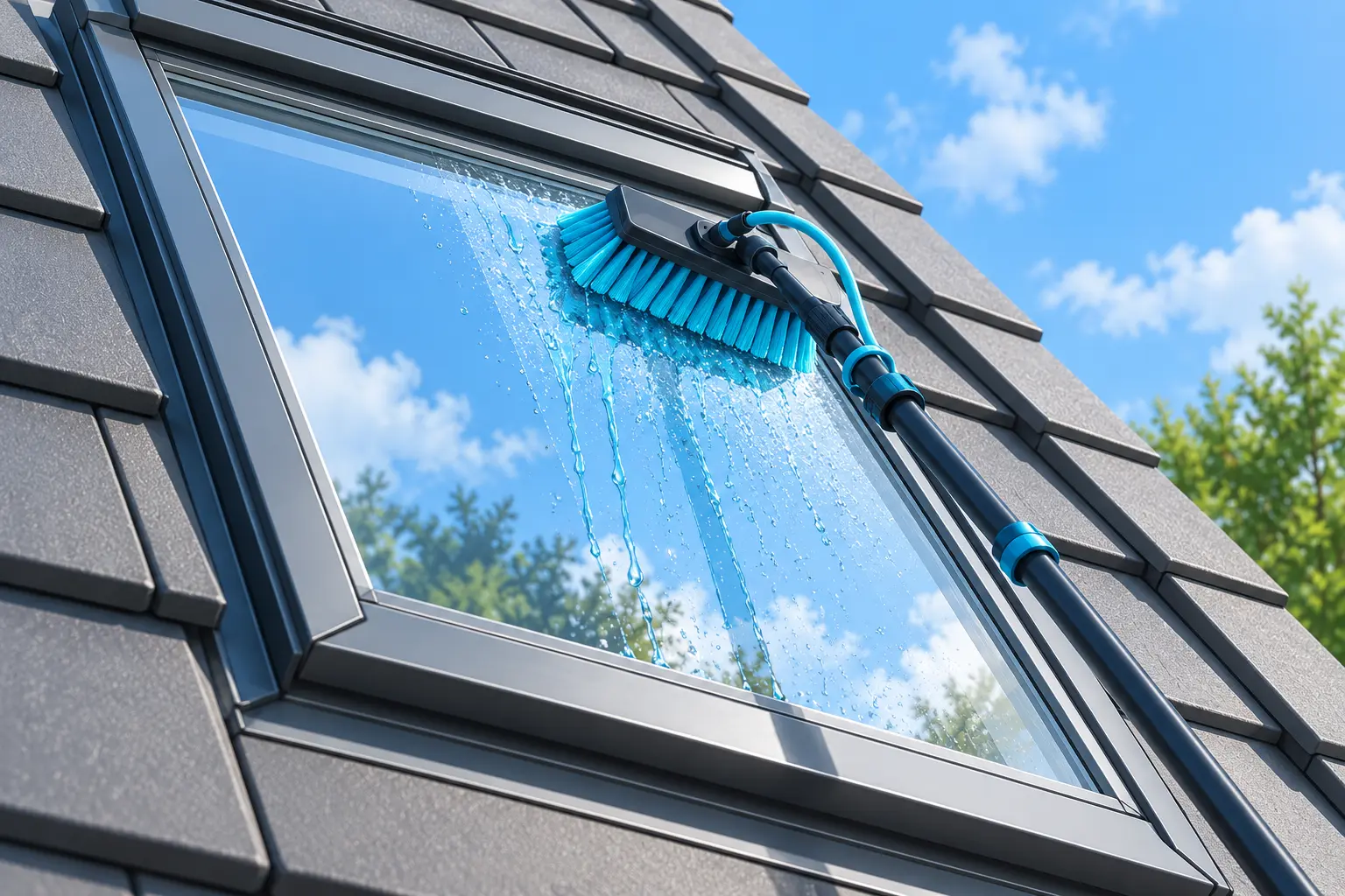 Water-fed brush cleaning an exterior roof window set into a sloping tiled roof